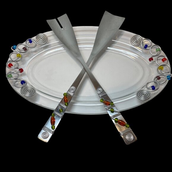 Handcrafted Arcoroo Glass Serving Tray with Decorative Wire & Beaded Design + Ma
